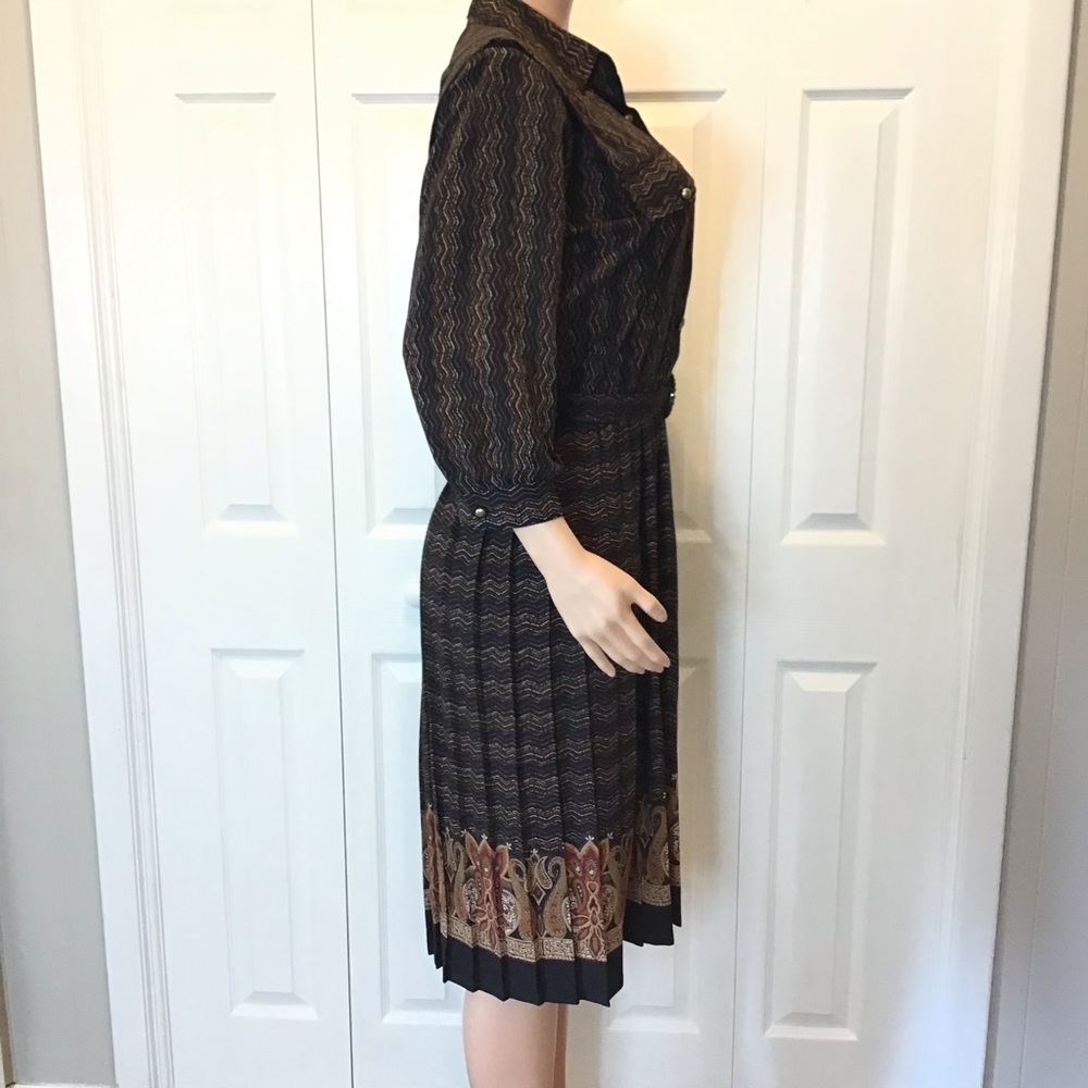 Vintage Breli Originals Brown Belted Pleated Secretary Shirt Dress Size 8 - Picture 5 of 8